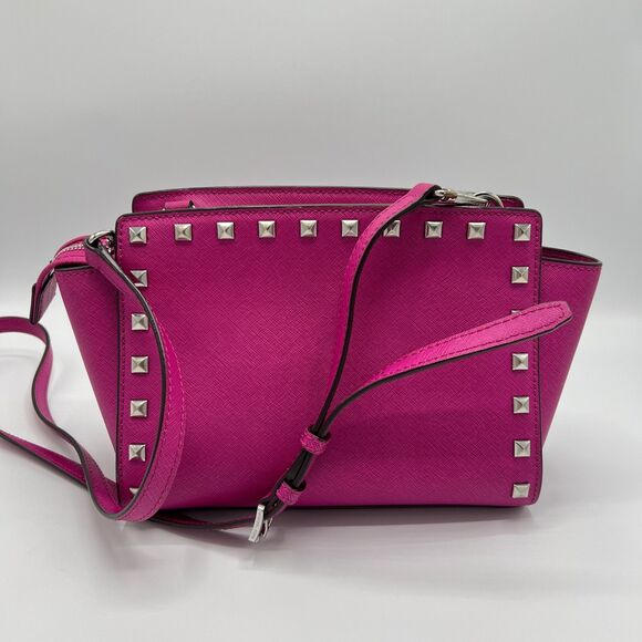Michael Kors Selma Studded Saffiano Messenger Crossbody Bag Hot Pink/Silver - Picture 5 of 14
